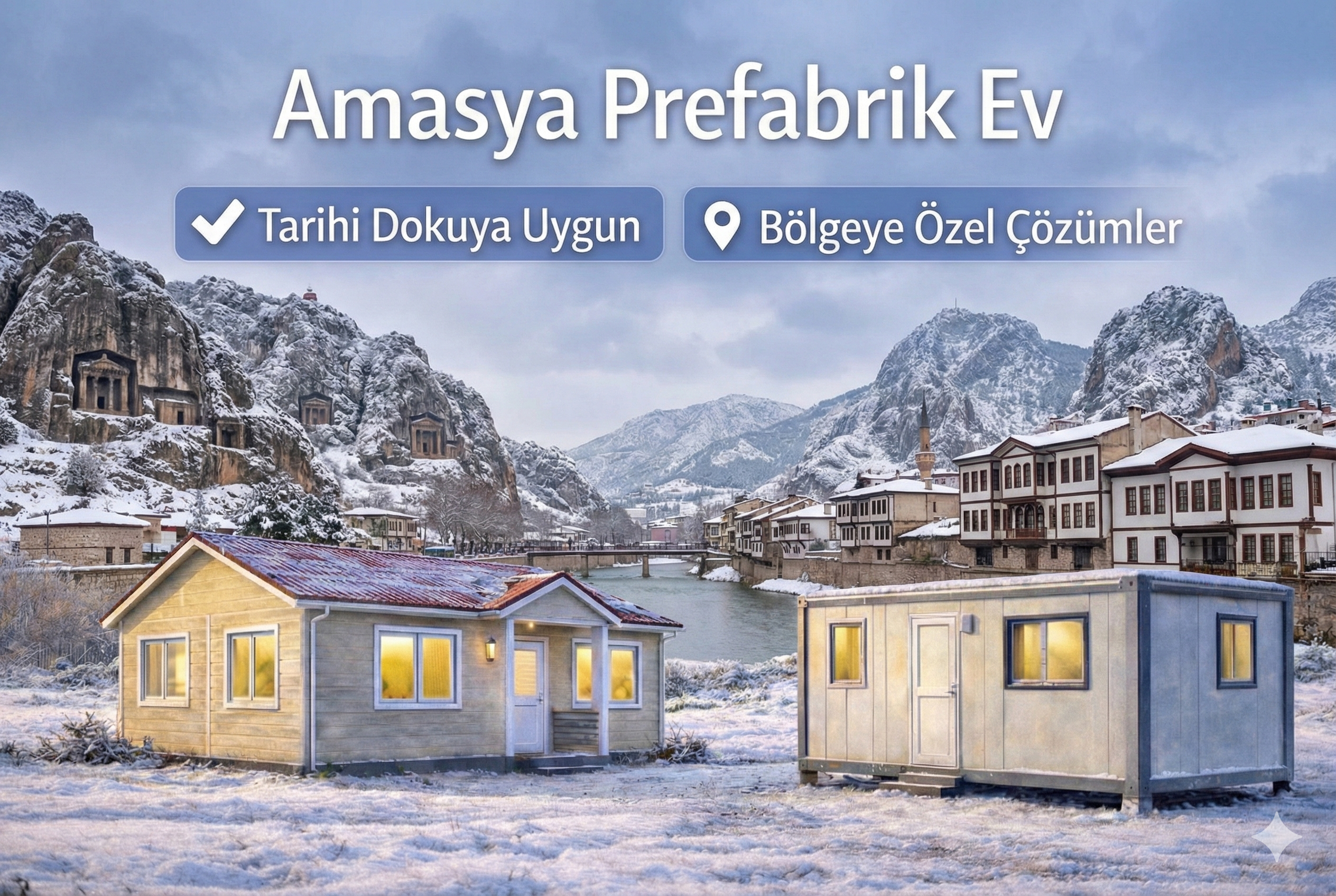 Amasya manzaralı modern prefabrik bağ evi ve bahçe düzenlemesi