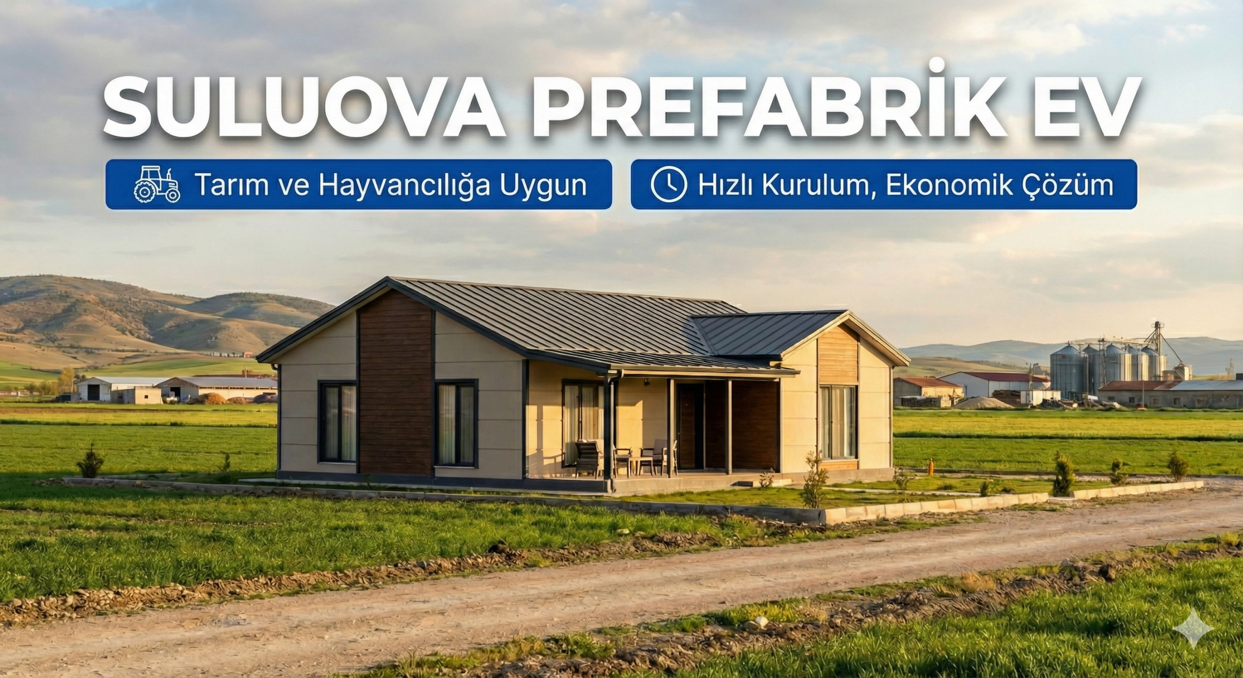 Suluova ovasında tarım arazisi içinde modern prefabrik çiftlik evi
