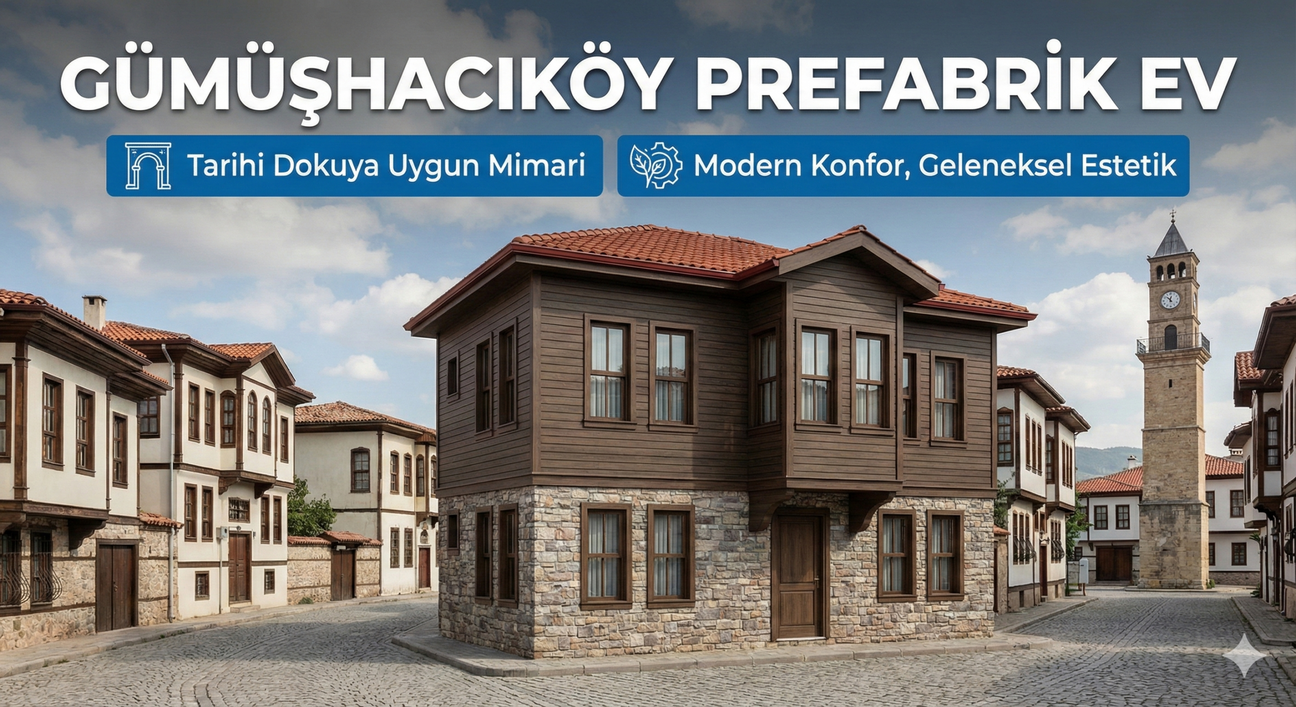 Gümüşhacıköy tarihi mimarisine uygun ahşap desenli modern prefabrik ev