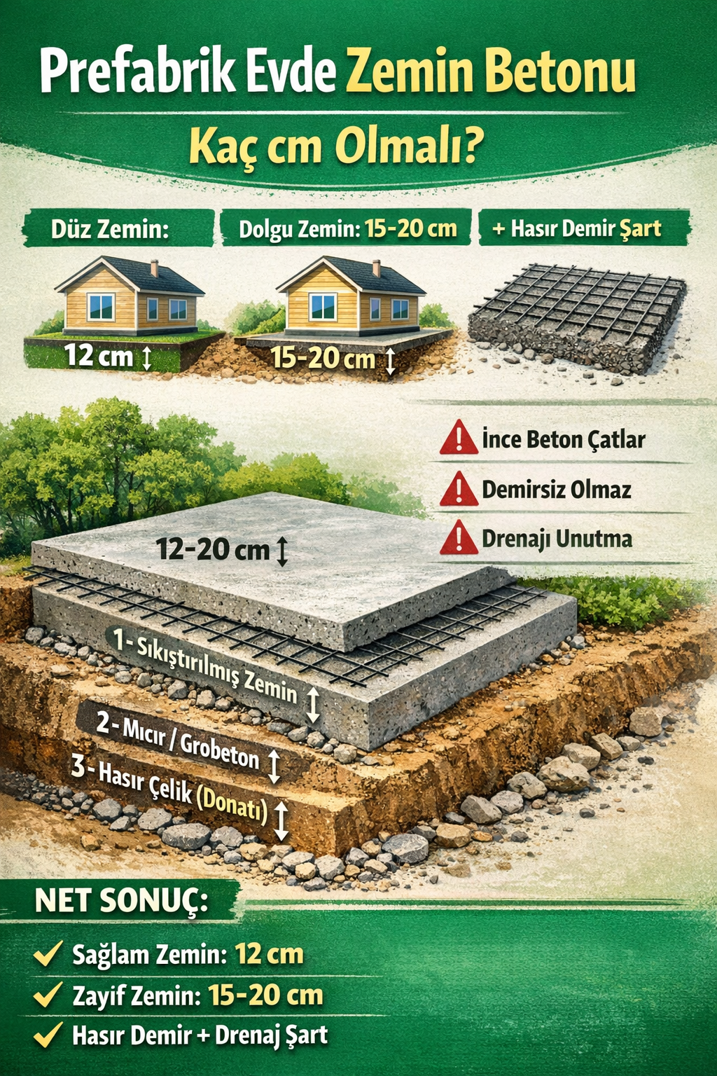Prefabrik Evde Zemin Betonu Kaç cm Olmalı? Prefabrik evde zemin betonu kalınlığı ve beton platform uygulaması